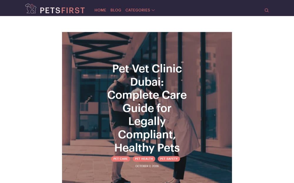 The Petsfirst blog article page with a header photo of a vet greeting a small white dog outside a clinic, and the title over it.